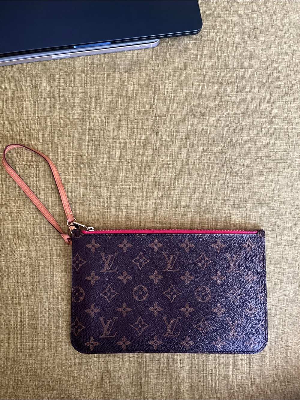 Louis Vuitton Monogram Canvas Wristlet with Pink Trim and Leather Strap
